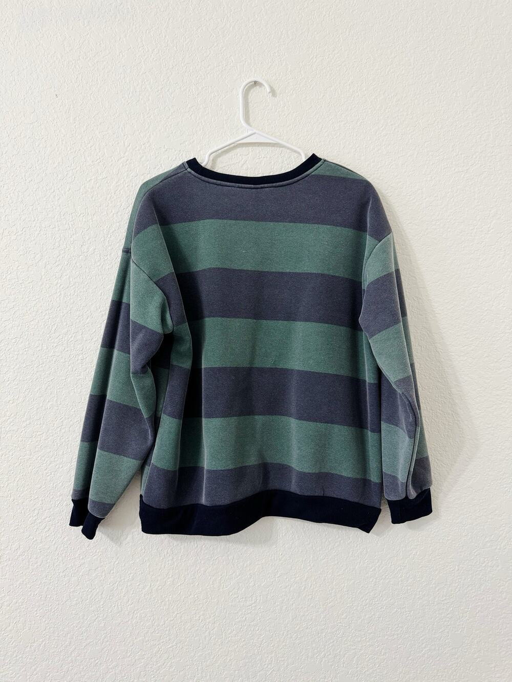 First Love Green Navy Striped Fleece Sweatshirt Pullover Large